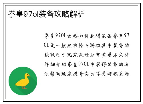 拳皇97ol装备攻略解析